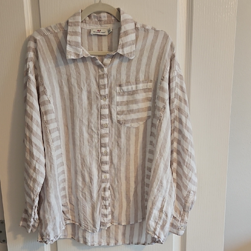 Vineyard Vines Beige and White Striped Shirt Size 10